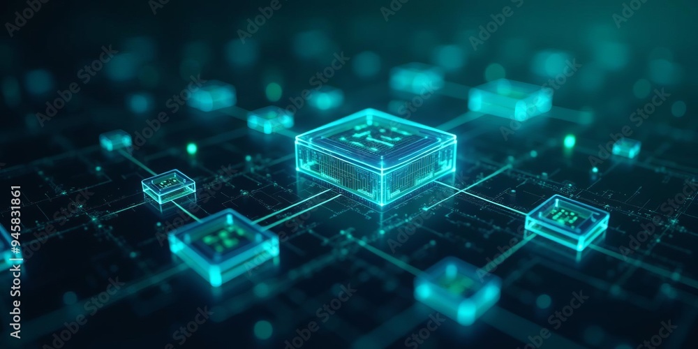 Poster blockchain technology: glowing teal cubes representing secure digital ledger network