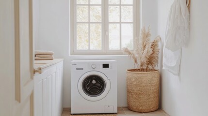 Bright laundry room with a modern washer, woven basket, and minimalist style, perfect for home organization themes.
