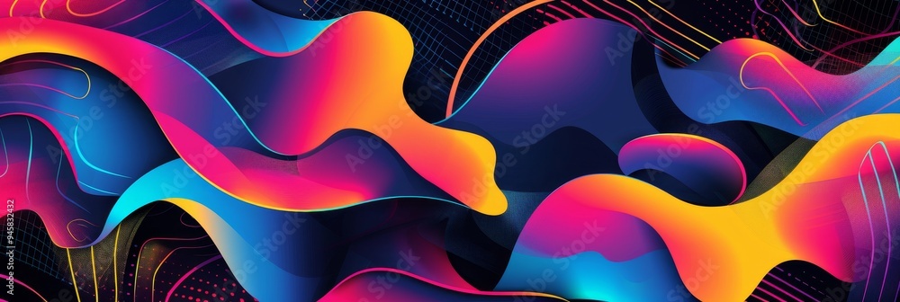 Poster abstract digital art featuring vibrant, flowing lines and shapes in a dynamic composition. the image