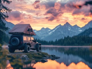 Fototapeta premium photo of a off-road vehicle with rooftop tent in the mountains 