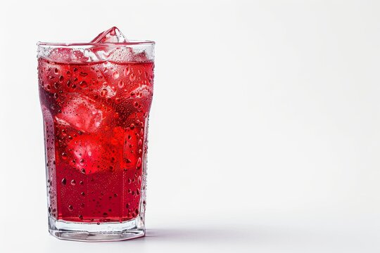 Chilled red drink with ice in a clear glass on a white background