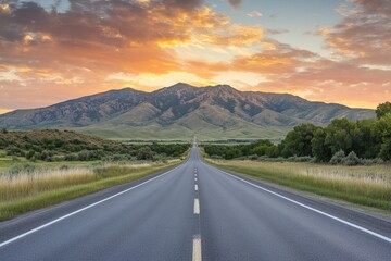 Asphalt highway road and green mountain with sky clouds at sunset , ai
