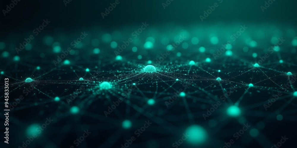 Poster internet of things (iot) network: glowing green nodes representing connected smart devices
