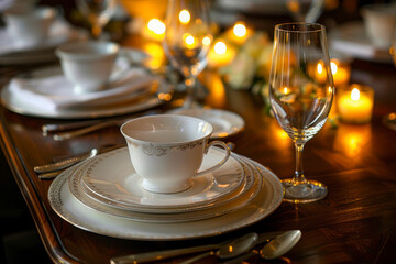 Elegant dining table setting with fine china and candlelight on a dark wood texture background.
