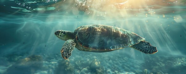 Obraz premium Beautiful Sea Turtle Swimming in the Ocean - Hyper-Realistic Underwater Photography with Detailed Focus. AI generated illustration