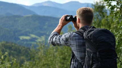 Man with Backpack Looking through Binoculars at a Mountainous Landscape, Captivated by the Beauty of Nature and the Vastness of the Outdoors