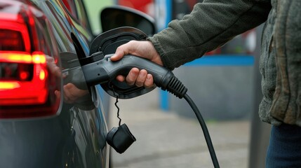 Man's hand inserting electric vehicle charging cable into car