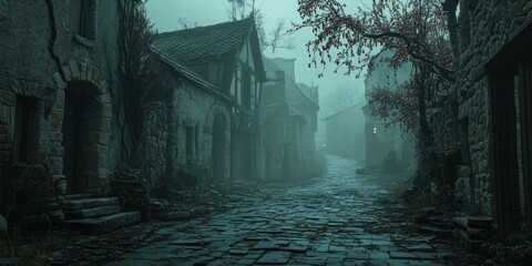 Cobblestone street in a foggy, medieval town.