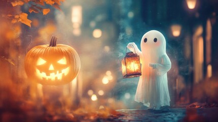 Cheerful ghost holding vintage lantern on faded background, holding a Halloween pumpkin, soft colors, A neon-lit cityscape with cyberpunk Halloween 