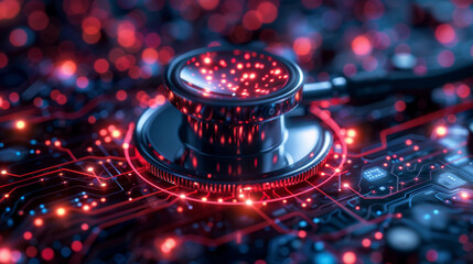 A red and black medical instrument is on a computer chip