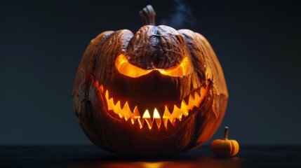 Orange scary and cute pumpkin on black background. Halloween concept, figure