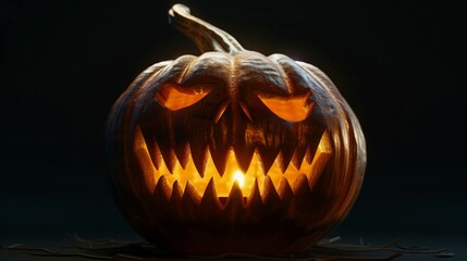 Orange scary and cute pumpkin on black background. Halloween concept, figure