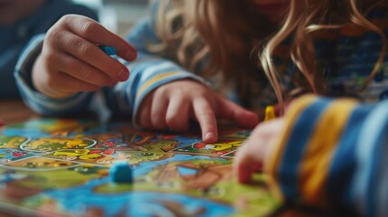 Fototapeta premium Children's hands focused on a board game, showcasing strategy, teamwork, and fun during a family game night.