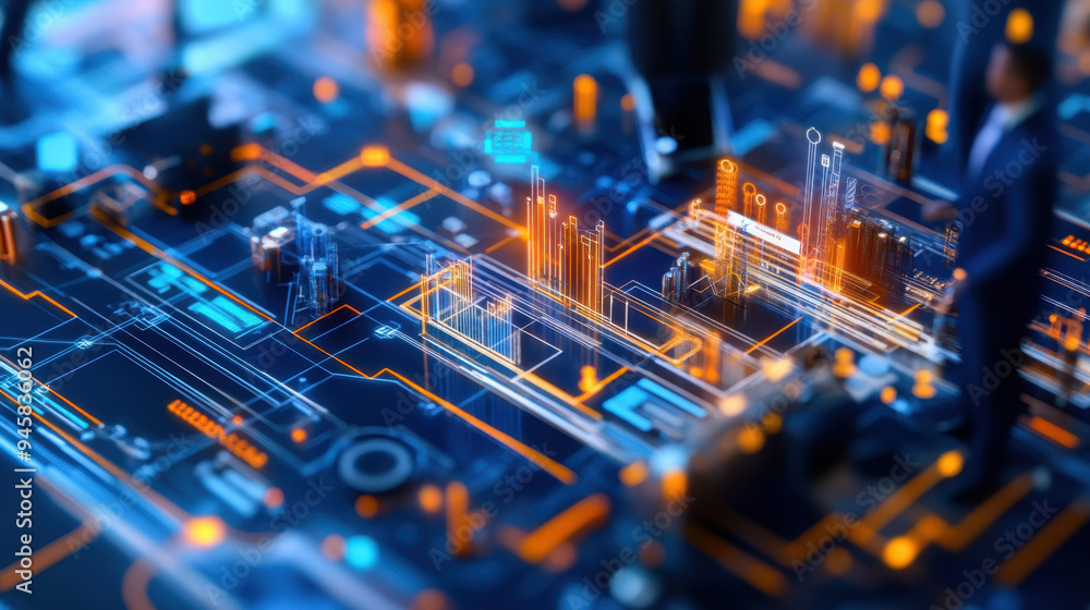 Poster futuristic digital circuit board with glowing elements and a business professional standing, represe