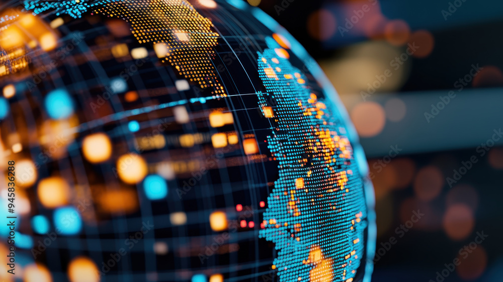 Poster abstract representation of a globe with illuminated continents and digital connections against a dar