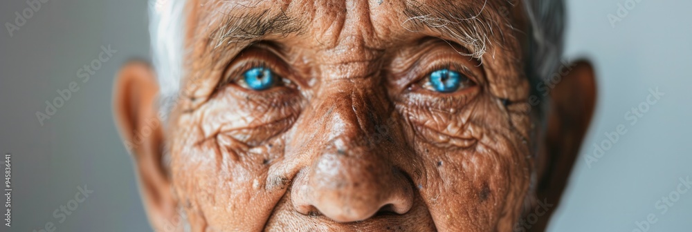 Aufkleber An elderly man with striking features displays profound wisdom and calmness, surrounded by soft natural light that enhances his tranquil expression. Generative AI