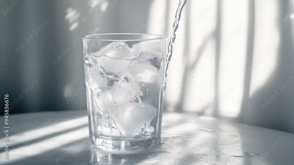 Poster Water Pouring into a Glass with Ice Cubes