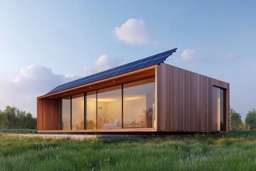 Obraz premium The roof of this house has a solar panel. A modern, eco-friendly house.