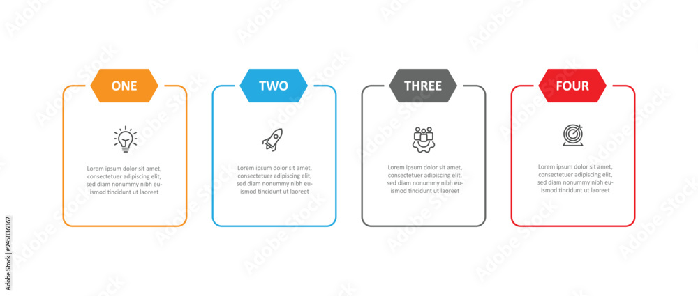 Aufkleber Design table template infographic vector element with 4 step concept and icons can be used for workflow, business information and web graphic design 