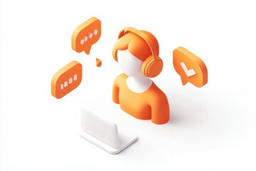 3d orange customer service human figure and message bubbles isolated white background