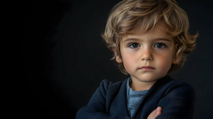 Young Boy with Curly Hair Looks Seriously at the Camera