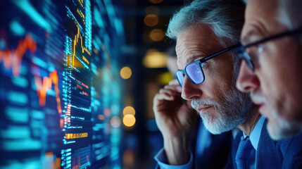 Two business professionals analyzing stock market data on a digital display in a modern office environment during the night