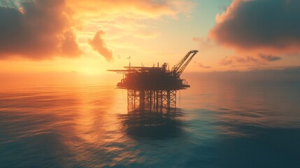 Sunset on arafed oil rigs in the middle of the ocean