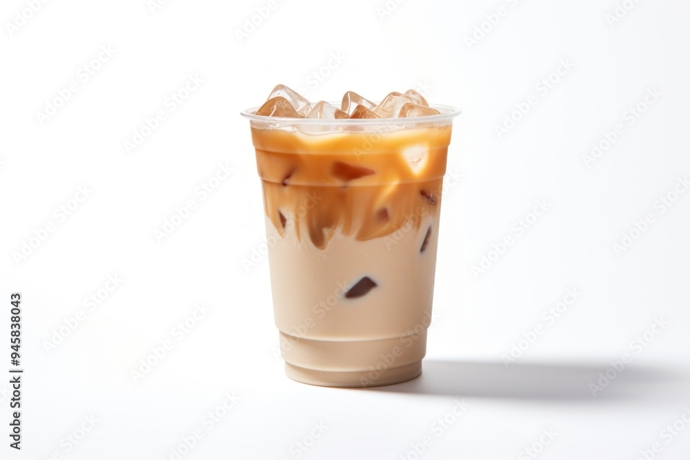 Poster ice latte in plastic cup coffee drink white background.