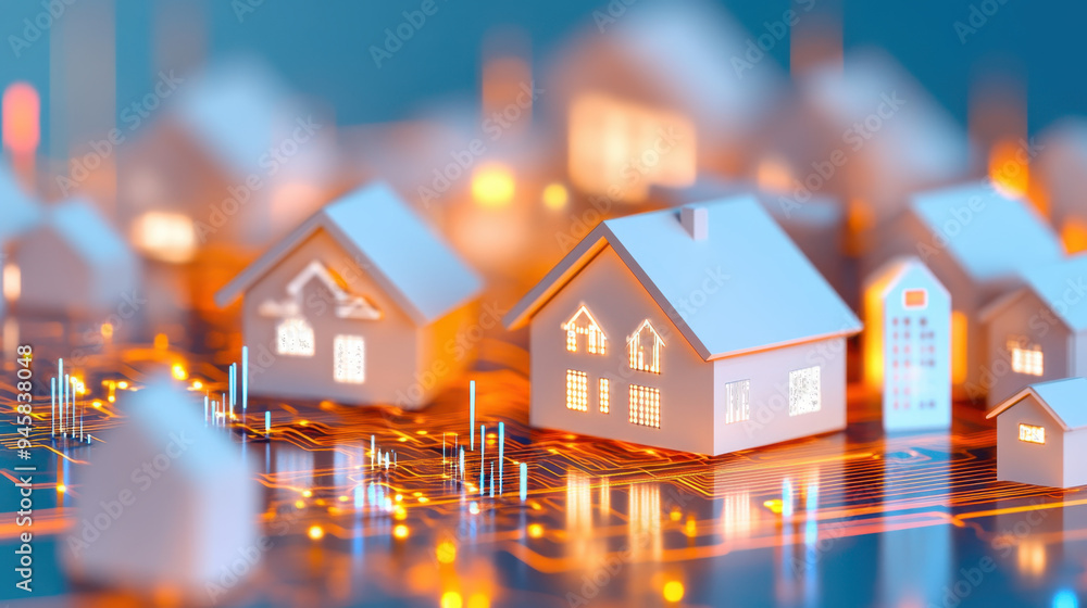 Aufkleber digital representation of houses on a circuit board with illuminated features, symbolizing real esta