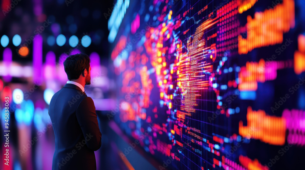 Poster business professional analyzing digital data visualization in a modern tech environment with vibrant