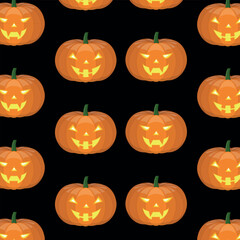 Repeating seamless pattern of pumpkins on a black background.