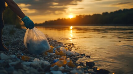 Using generative AI, people are volunteering to clean up trash from beach rivers at sunset
