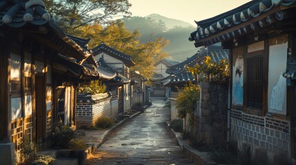 Obraz premium This captivating image showcases a charming laneway in Gyeongju, South Korea. The historic setting features traditional Korean houses with their signature tiled roofs, intricate details, and warm wood