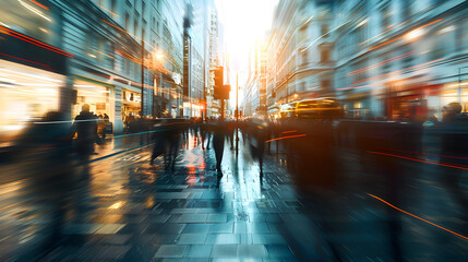 Dynamic Motion Blur of a Bustling London Street Scene. Capturing the Energy and Flow of Urban Life with Neon Lights and Flickering Signs. 