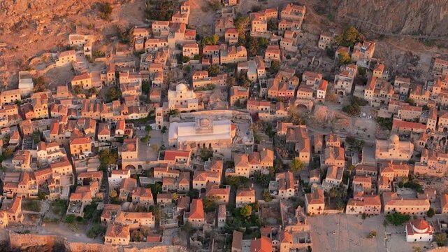 greece peloponnese historical peninsula monemvasia aerial footage 4k with sunrise and sunset lights