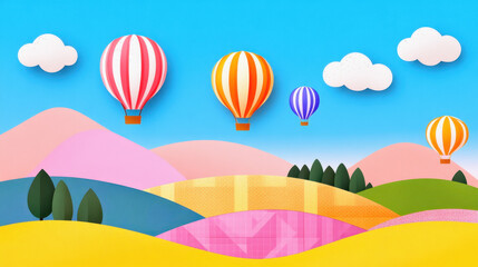 Colorful hot air balloons floating over vibrant, layered hills and a bright blue sky with fluffy clouds