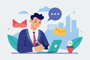 Written communication, writing email skill to success, communicate with text or message, understanding or effective handwriting manuscript concept, businessman writing message on speech bubble.
