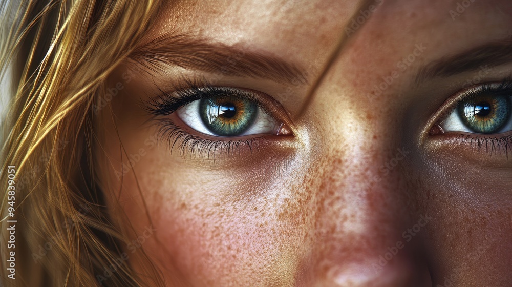 Wall mural Close-up of a woman's blue eyes with freckles and blonde hair