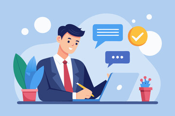 Written communication, writing email skill to success, communicate with text or message, understanding or effective handwriting manuscript concept, businessman writing message on speech bubble.
