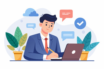 Written communication, writing email skill to success, communicate with text or message, understanding or effective handwriting manuscript concept, businessman writing message on speech bubble.
