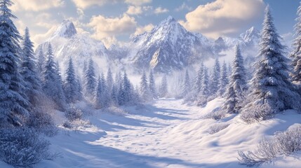 A beautiful winter scene with snow-covered mountains and a forest blanketed in fresh snow.