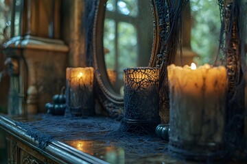Eerie Halloween Candlelit Mirror with Spooky Web Decorations
