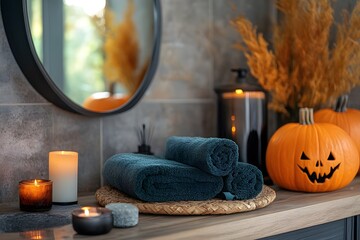 Halloween-Themed Bathroom with Cozy Towels and Jack-O'-Lantern Decorations
