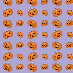Repeating seamless pattern of pumpkins with different faces.