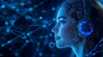 Elevating customer service with blue technology hologram. Staff women with headsets and AI interfaces. Call center with Technology Internet and network concept.
