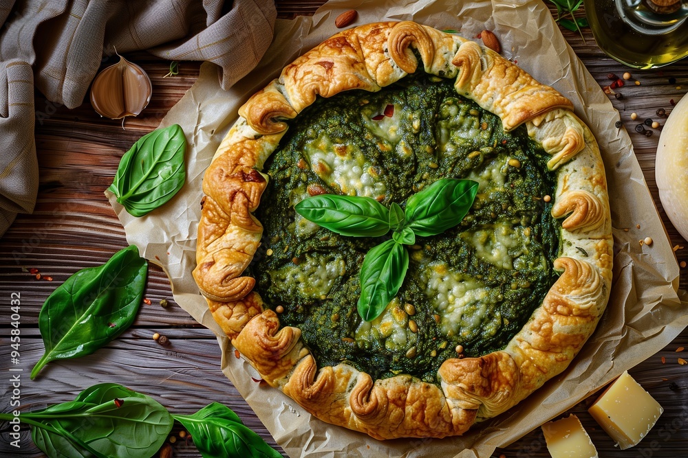 Wall mural Freshly baked pesto galette with cheese and spinach on a rustic wooden table surrounded by ingredients and herbs