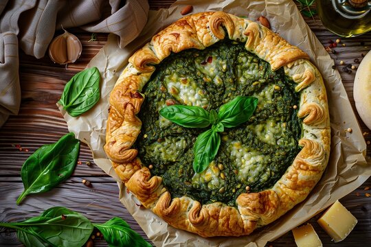 Freshly baked pesto galette with cheese and spinach on a rustic wooden table surrounded by ingredients and herbs