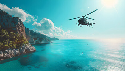 Private Small Helicopter. Marine Helicopter in fly action