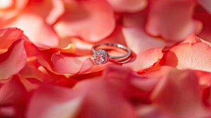 Delicate wedding rings resting on rose petals, exuding love and commitment in a serene, floral backdrop.