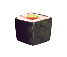 Cartoon Japanese maki sushi roll wrapped in nori seaweed filled with rice, avocado, salmon or tuna. Isolated vector traditional japan dish showcase neatly arranged ingredients highlight its freshness